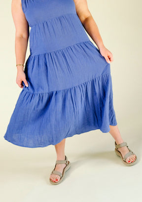 Teresa Tiered Tank Dress in Color Blue sizes XS-3X, made from premium Organic Cotton Double Gauze and sewn in Los Angeles, California