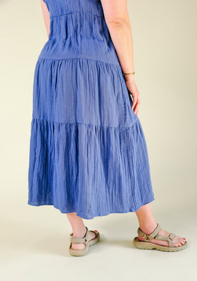 Teresa Tiered Tank Dress in Color Blue sizes XS-3X, made from premium Organic Cotton Double Gauze and sewn in Los Angeles, California