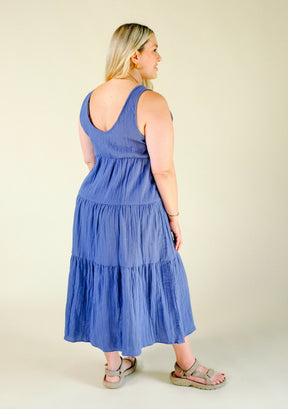 Teresa Tiered Tank Dress in Color Blue sizes XS-3X, made from premium Organic Cotton Double Gauze and sewn in Los Angeles, California