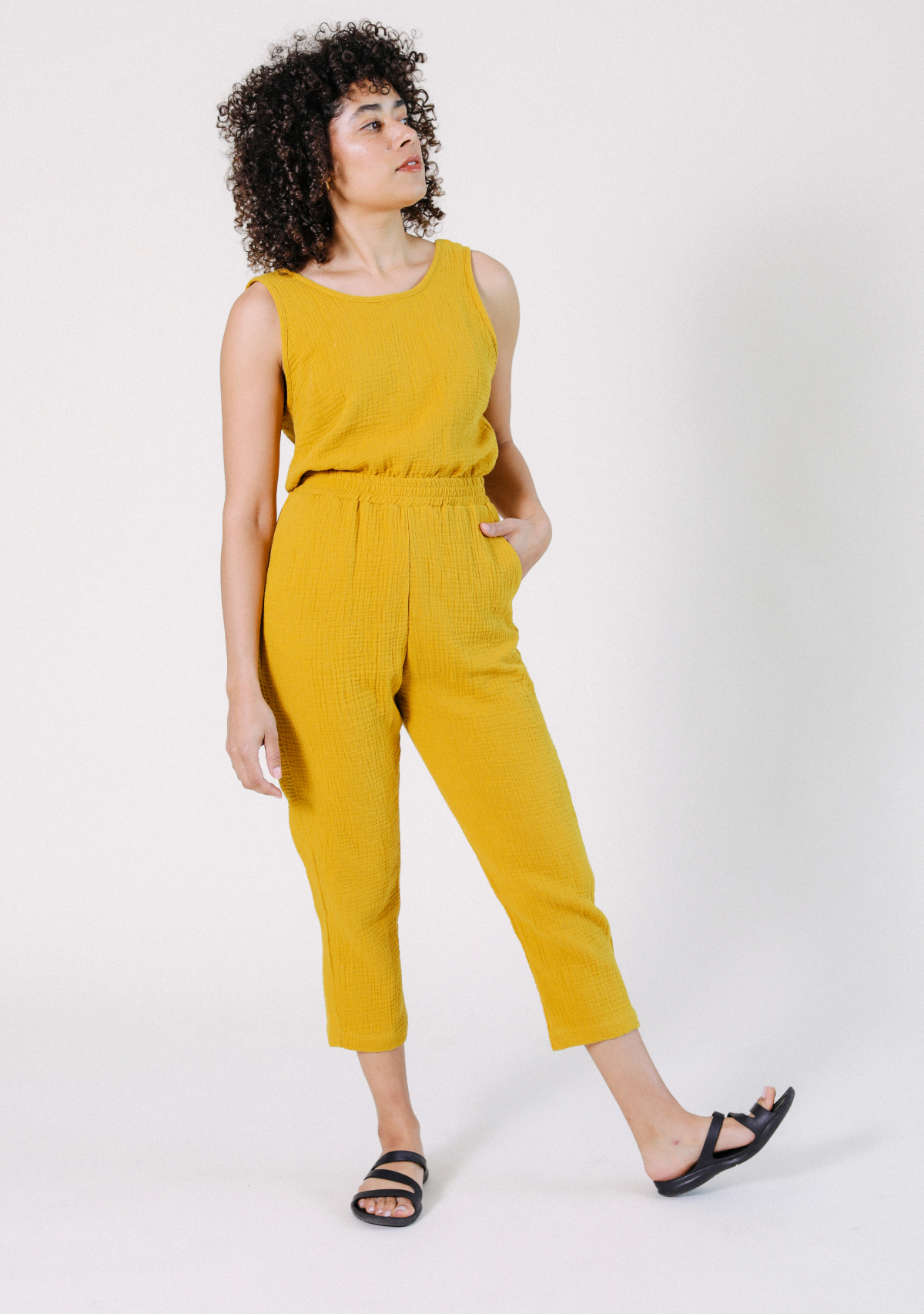 Women's Tank Jumpsuit made from 100% Organic Cotton Gauze Golden Yellow Sizes XS-3X