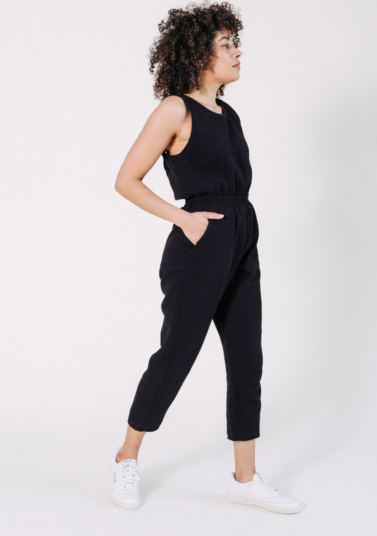 Women's Tank Jumpsuit made from 100% Organic Cotton Gauze Black Sizes XS-3X