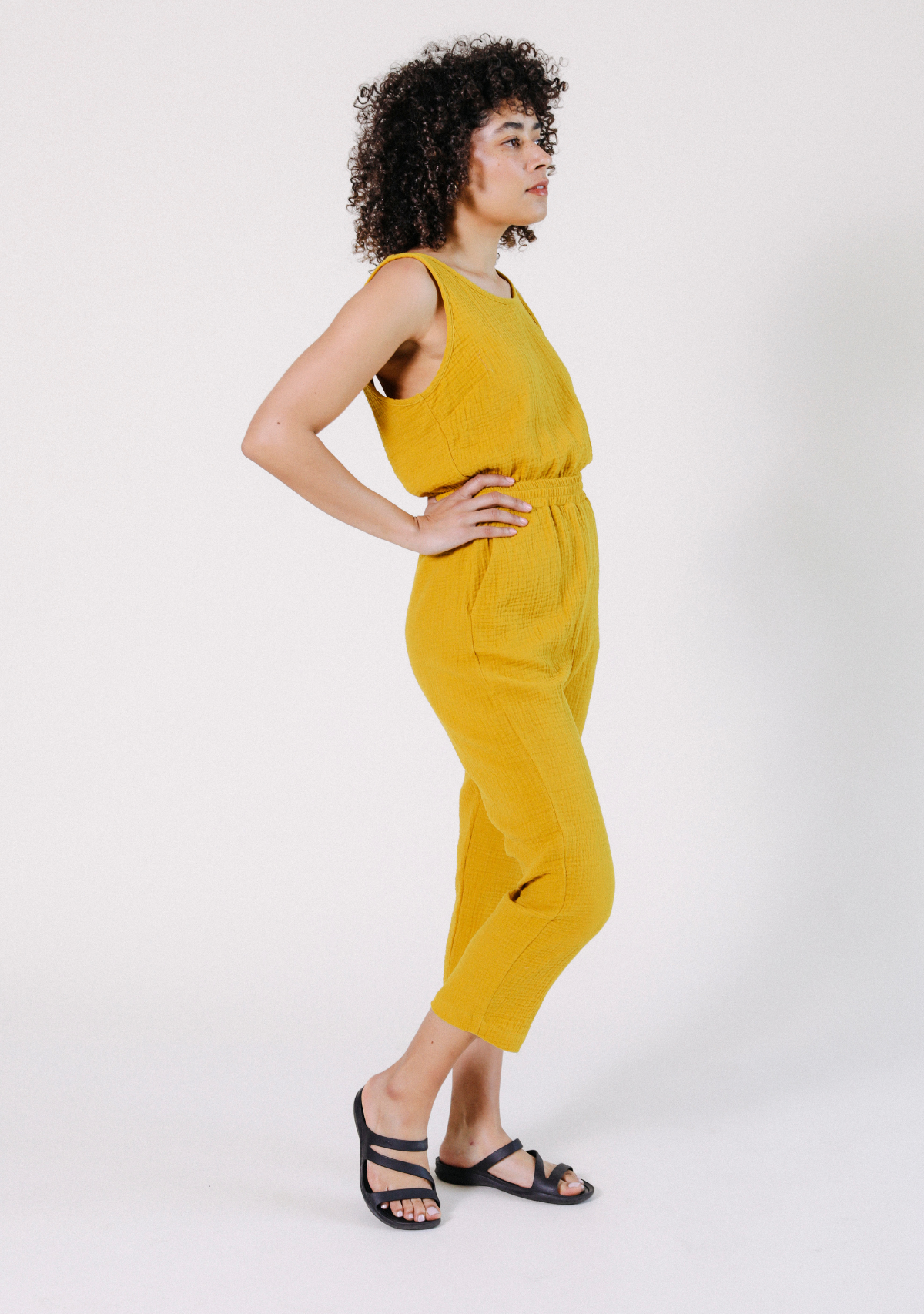 Women's Tank Jumpsuit made from 100% Organic Cotton Gauze Golden Yellow Sizes XS-3X