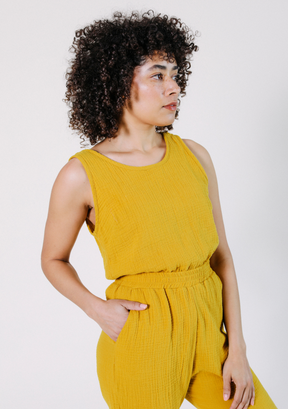 Women's Tank Jumpsuit made from 100% Organic Cotton Gauze Golden Yellow Sizes XS-3X