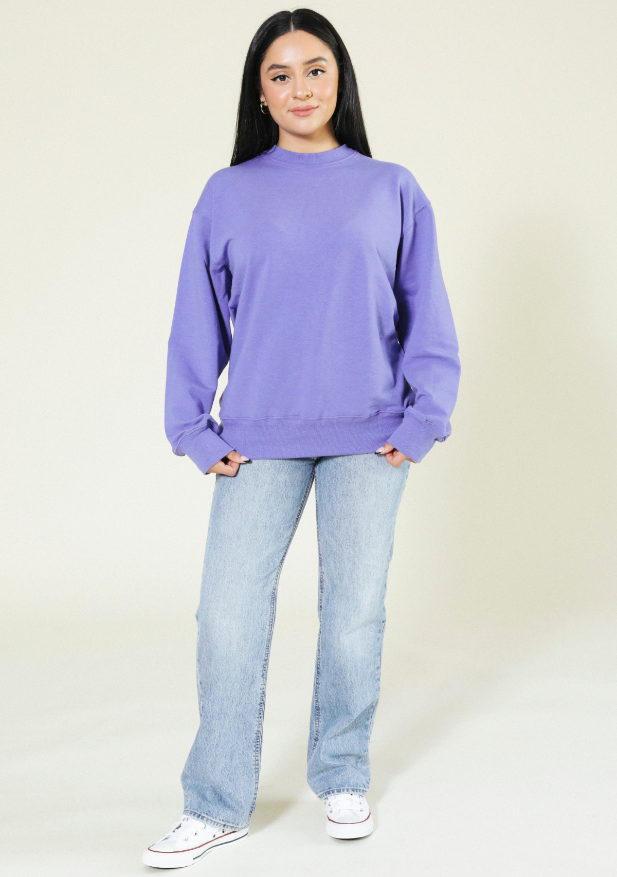 Our Gabbie Oversized Crew Sweatshirt is made from a premium blend of Organic Cotton and Tencel™ Fleece. Sizes XS-3X Sustainable Sweatshirt Periwinkle ethically made.