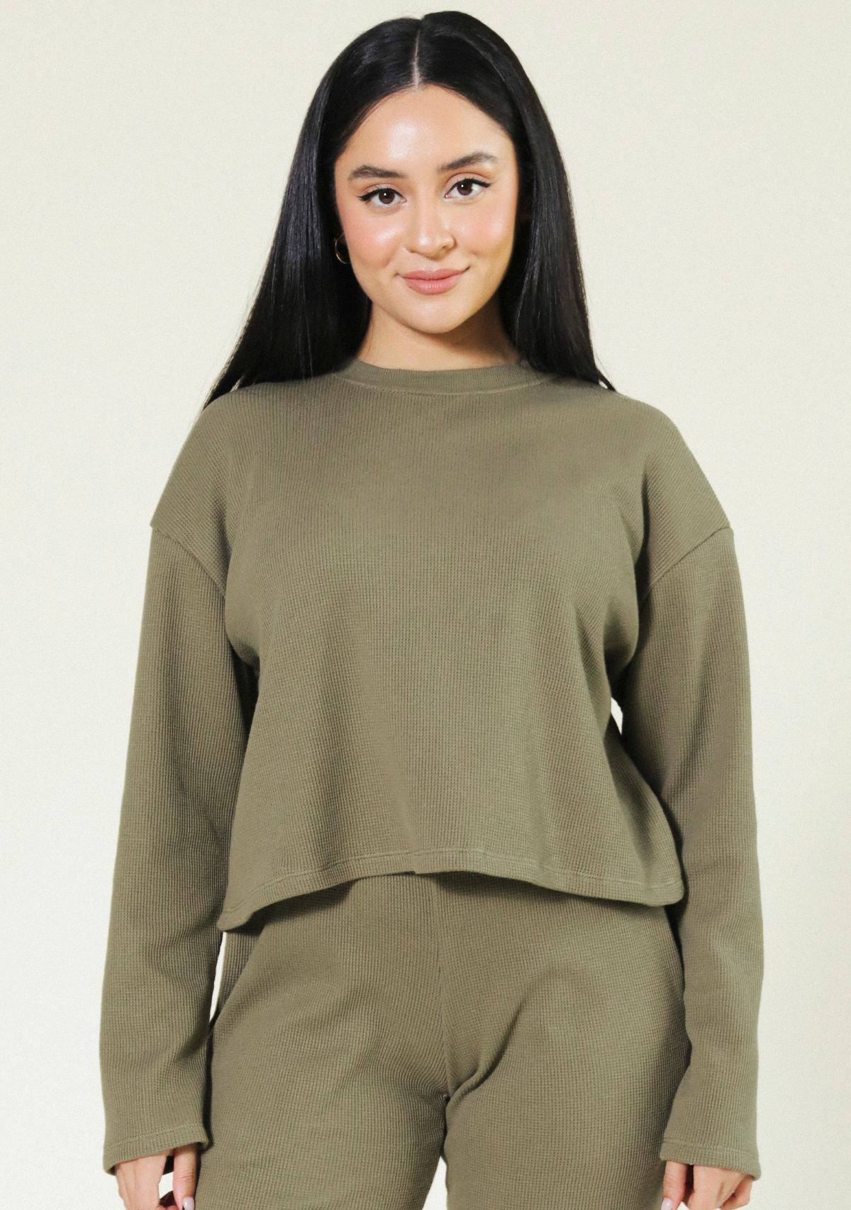 Organic Cotton Pajama Waffle Top Olive Women's Sizes XS-3X made ethically in California.